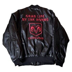 Dodge Faux Leather Bomber Jacket Black Red Logo Men’s M NWT
